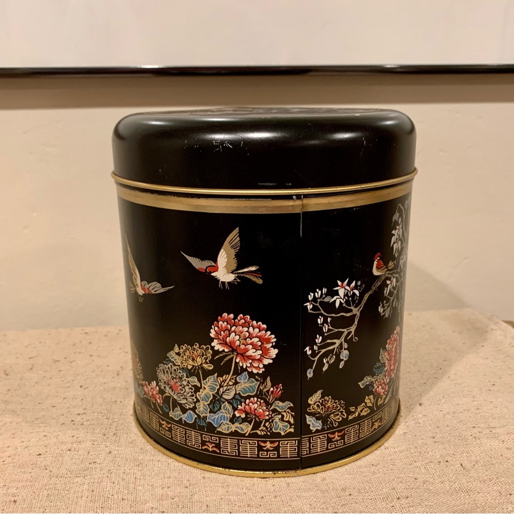 Chinoiserie Style Black Tin Canister - Vintage